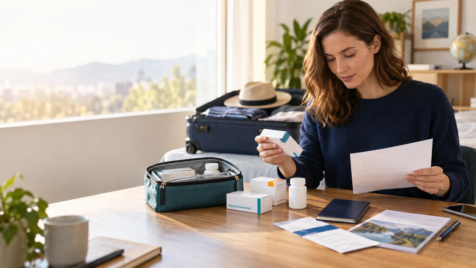 Traveler organizing prescription medication and documents before a trip to China